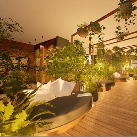 3D-Simulation der Baumwipfel-Lounge mit Paar-Daybed im Ph&ouml;nix-Bad Ottobrunn (&copy; wellverde concept GmbH) Anfang M&auml;rz 2026 startet die Neugestaltung unserer Saunawelt f&uuml;r dein Wohlbefinden.