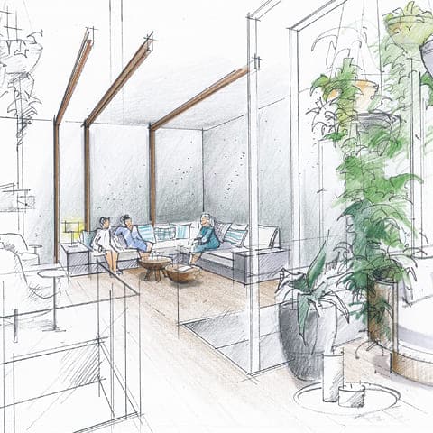 Blick in die Baumwipfel-Lounge (Architektur-Zeichnung, &copy; wellverde concept GmbH) Die Neugestaltung der Saunawelt startet Anfang M&auml;rz 2026 &ndash; bleib gespannt.