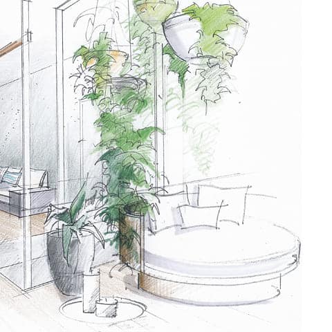 Paar-Daybed (Architektur-Zeichnung, &copy; wellverde concept GmbH) Anfang M&auml;rz 2026 schaffen wir neue Sauna-Oasen f&uuml;r dein perfektes Wellnesserlebnis.